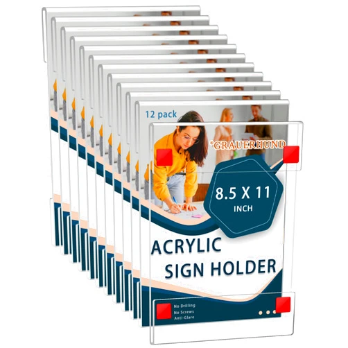 GRAUERHUND [NO Drilling] 12 Pack Acrylic Sign Holder 8.5 x 11 inches with Adhesive Tapes Vertical Clear Sign Holder Wall Mounted Plastic Billboard Display Poster Warning Frame for Office, Home, Store, Restaurant
