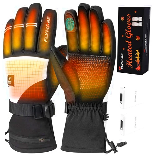 Flyhare Heated Gloves - Unisex Electric Rechargeable Heating Gloves with Touchscreen, Windproof & Waterproof Design, 5V Batteries Included, Warming Gloves for Men & Women
