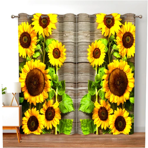 Jekeno Sunflower Floral Blackout Curtains Spring Flower on Rustic Wood Country Wooden Decor for Home Bedroom Living Room Darkening Grommet Window Drapes 2 Panel Set, 42