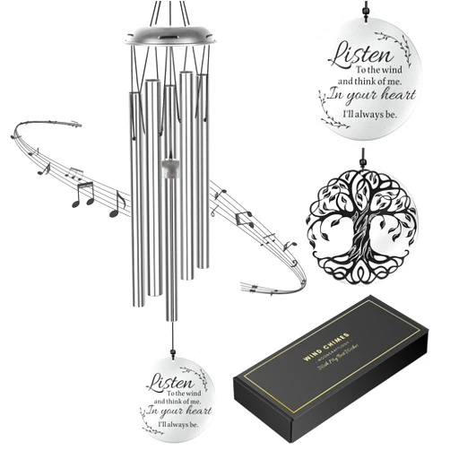Mooncraftlogy Sympathy Wind Chimes for Loss of Loved One, Memorial Windchimes for Lost Father Mother, Remembrance Bereavement Gift, in Memory of Dad Mom Metal Funeral Decor for Garden Outdoor (39“ Silver)