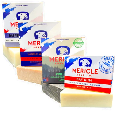 Mericle Soap Co. All Natural Bar Soap, 4 Bar Variety Pack - Pine Tar, Black Raspberry Vanilla, Sandalwood Rose, and Bay Rum | Natural | Made in the USA | Veteran Owned | No Harsh Chemicals