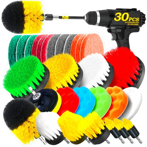 Holikme 30Pack Drill Brush Attachments Set,Scrub Pads & Sponge, Power Scrubber Brush with Extend Long Attachment All Purpose Clean for Grout, Tiles, Sinks, Car Polishing Pads