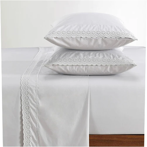 PANDATEX 100% Combed Cotton Percale Sheets Set Light Grey Full Size Deep Pocket Embroidered Eyelet Lace Sheets Crisp Cool Breathable Gray Bed Sheets for Hot Sleepers