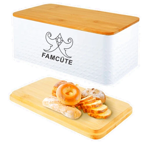 FAMCÜTE Bread Box with Bamboo Lid – Metal Bread Bin for Kitchen, Reusable Breathable Bread Storage Container, Dessert & Snack Food Box for Home