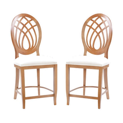 Linon Etta Natural Wooden Fully Assembled Counter Stool Set 2 with Beige Upholstered Seats