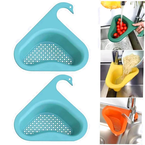 Ajobity Kitchen Sink Strainer for Kitchen-2-pack Multifunction Sink Drain Basket Swan Drain Basket Sink, Corner Kitchen Sink Drain Rack, Multifunctional Kitchen Triangle Sink Filter (Blue)