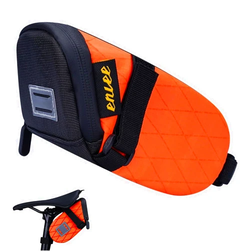 ENLEE Bike Seat Bag, Reflective Bike Saddle Bag with Taillight Hangers, Waterproof Orange Bicycle Bag Under Seat with Independent Item Partitions for Mountain/Road/Gravel Bikes, Small Size
