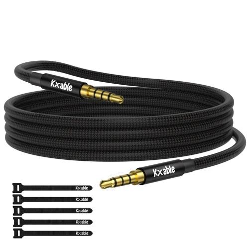 Kxable 3.5mm Audio Cable, 4-Pole Hi-Fi Stereo TRRS Aux Jack 25FT, Nylon Braided, Microphone Compatible, 1/8 inch Male to Male Auxiliary Cord Extension for Headphones, Car, iPad, Phone, Tablet- Black