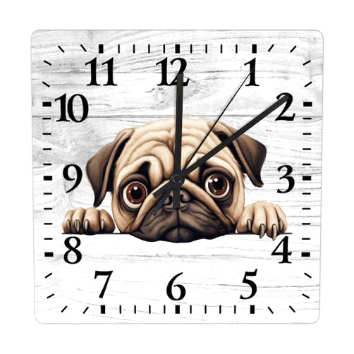 COCOKEN Pug Wall Clock Dog Mom Gift Wooden Wall Clocks Battery Operated 12 Inch Non-Ticking Retro Cabin Wall Decor for Kitchen Bedroom Living Room Office