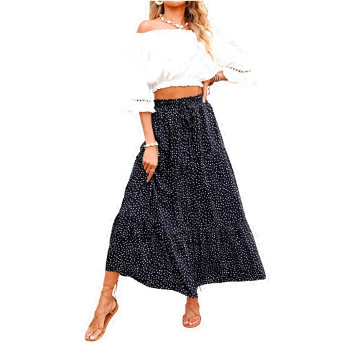 MEROKEETY Women's Boho Floral Print Elastic High Waist Pleated A Line Maxi Skirt