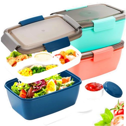 Youeon 3 Pcs 68 Oz Salad Lunch Container with 4 Compartment Tray, Bento Lunch Box with Spoon & Dressing Cup, Leakproof Salad Container for Lunch, Salad Toppings, Snacks, Fruits, BPA-Free