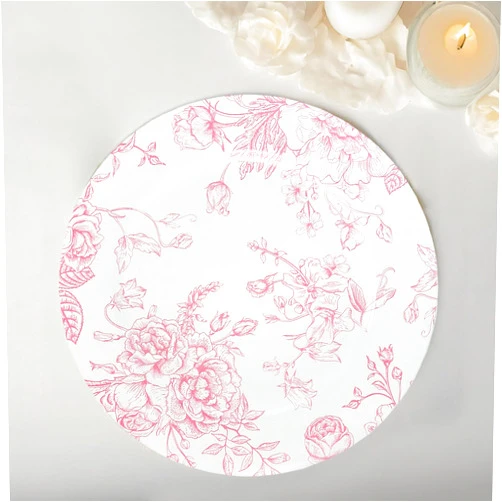 TABLECLOTHSFACTORY 6 Pack White Pink Floral Acrylic Charger Plates in French Toile Pattern, Round Dinner Charger Event Tabletop Decor - 13