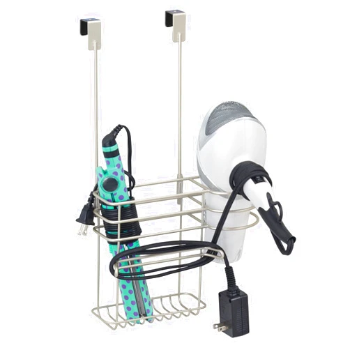 mDesign Metal Bathroom 2 Section Storage Tool Organizer Basket Tray - Hang Over Cabinet Door - Storage for Hair Dryer, Straightener, Curling Iron, Styling Products - Concerto Collection - Satin