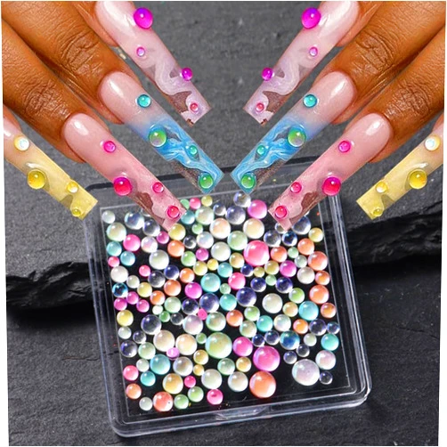 Jaliya 1 Box Colorful Bubble Beads Mermaid Nail Charms Aurora Pearls for Nails Mermaid Beads Nail Gems Half-Round Pearl Beads Flatback Rhinestones for Nails Small Glass Beads for Crafts Nail Art Accessories