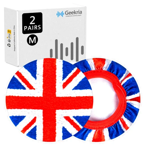 Geekria 2 Pairs Flex Fabric Headphone Covers (Product Safety Certified), Washable & Stretchable Sanitary Protectors Compatible with Over-Ear Headsets, Sweat-Resistant (M/England Flag)