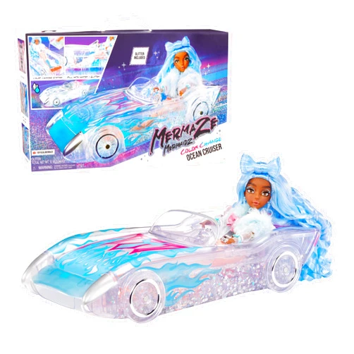MERMAZE MERMAIDZ™ Ocean Cruiser Convertible Car with Color Change Decals, Glitter-Filled Walls, Rolling Wheels, Working Seat Belts, Steering Wheel, Fits 2 Dolls