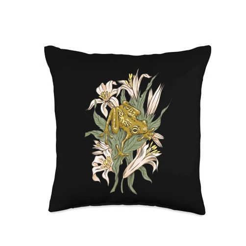 Frosch Amphibien, Comic Geschenke, lustige Sprüche Frog in The Forest with Flowers Graphic for Men, Women, Children Throw Pillow, 16x16, Multicolor