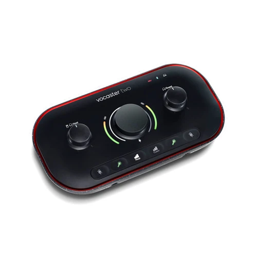 Focusrite Vocaster Two — Podcasting Interface for Recording Host and Guest. Two Mic Inputs and Two Headphone Outputs, with Auto Gain, Enhance, and Mute. Small, Lightweight, and Powered by Computer.