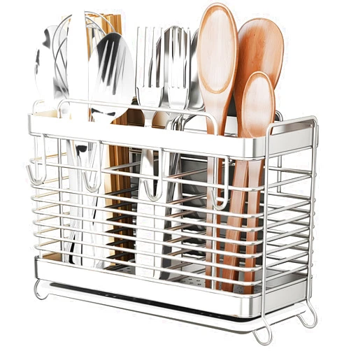 IWNTWY Utensil Holder, Stainless Steel Utensil Drying Rack with Drain Tray, Kitchen Counter Drainer Basket Silverware Cutlery Flatware Holder Forks, Knives, Spoons, Chopsticks Organizer (Silver)