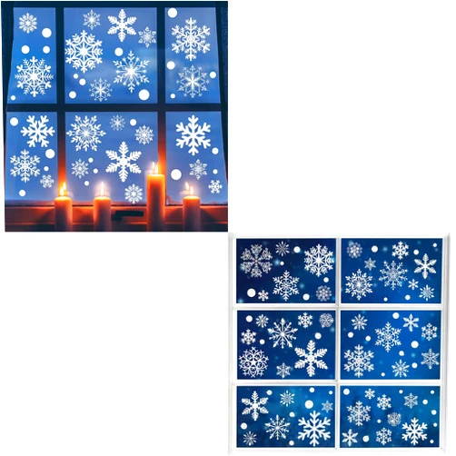 HIKUIBU 364PCS Christmas White Snowflake Window Clings Bundle with 364PCS Glitter Snowflake Window Stickers for Glass Windows Holiday Winter Xmas Party Decorations (728PCS, 10 Sheets)