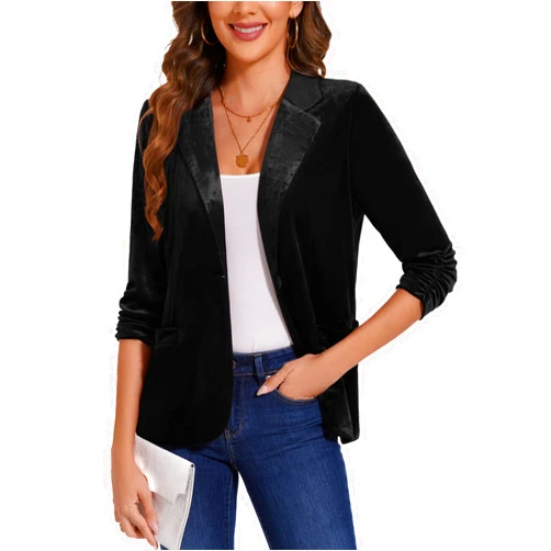 MINTLIMIT Women's Velvet Blazer Ruched 3/4 Sleeve Jacket Notch Lapel Button Open Front Casual Blazers with Pockets