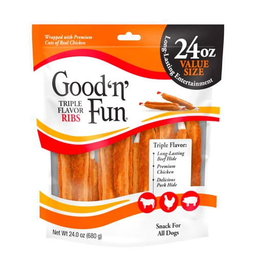 GOOD 'N' FUN Triple Flavor Ribs Chews for All Dogs, 24 Ounces, Treat Your Dog to Long-Lasting Chews Made with Beef Hide, Chicken and Pork Hide