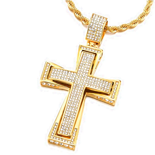 COOLSTEELANDBEYOND Mens Womens EXTRA LARGE Steel Cross Pendant Necklace with Cubic Zirconia and Wheat Chain
