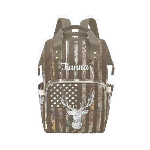 XOZOTY American Flag Deer Camo Brown Diaper Bags with Name Waterproof Mummy Backpack Nappy Nursing Baby Bags Gifts Tote Bag for Women