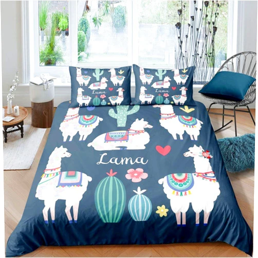 Homewish Lama Alpaca Bedding Set 3pcs for Kids Boys Cartoon Guanaco and Cactus Print Comforter Cover Animal Duvet Cover Set Soft Polyester Quilt Cover with 2 Pillow Cases(No Comforter) Queen Size