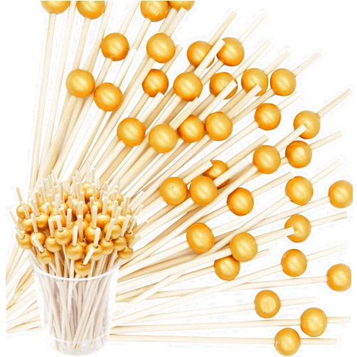EuTengHao 200Pcs Cocktail Picks 4.7 Inch Bamboo Cocktail Toothpicks, Cocktail Skewers for Appetizers Desserts Drinks Charcuterie, Birthday Wedding Party Fancy Toothpicks with Gold Pearl Food Picks