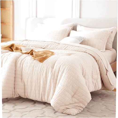 MUXHOMO 7 Pieces Queen Comforter Set, Seersucker Bed in a Bag Queen Size, All Season Luxury Bedding Set with Comforter, Flat Sheet, Fitted Sheet, Pillowcases & Shams, Beige