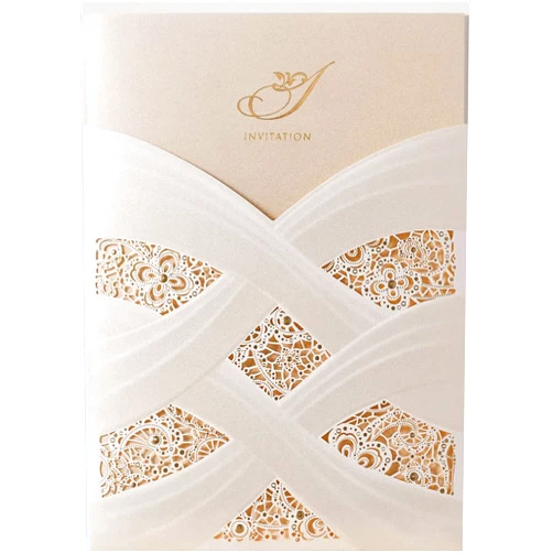 Jofanza 50PCS 5” x 7” Ivory Laser Cut Wedding Invitations Cards Kits with Envelopes and Gold Foil Lace Sleeve Flower Pocket Cardstock Design for Wedding Bridal Shower Invite
