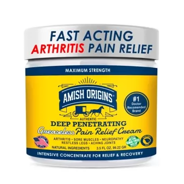 Amish Origins Arthritis Pain Relief Cream, Amish Origins Maximum Strength Deep Penetrating Relieving For Aches, Neuropathy, Joint, Muscle, Back, Knee, Feet, Hand, Ankle, Restless Legs, Shoulder 3.5 Fl Oz (Pack of 1) 1 Pack