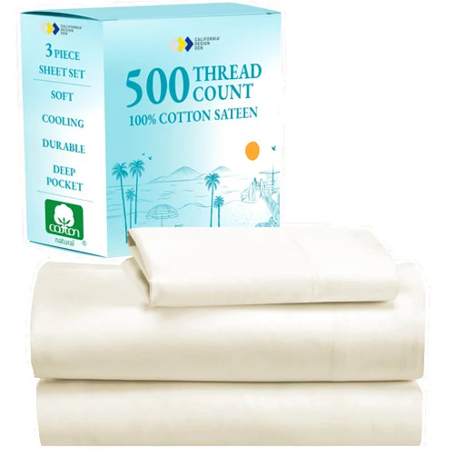 California Design Den Twin Size Sheet Set - 100% Cotton 500 Thread Count, Cooling Deep Pocket Bed Sheets with Fitted Elastic Sheet, Extra Soft Luxury Hotel Quality - Ivory