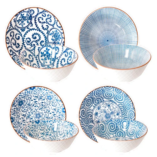 YALONG 8 Inch 40 Ounce Ceramic Bowls for Kitchen Deep Soup Pho Bowls, Blue White Large Porcelain Salad Bowls Set for Ramen Pasta Cereal Dessert Stackable Deep Noodle Serving Bowls Set of 4