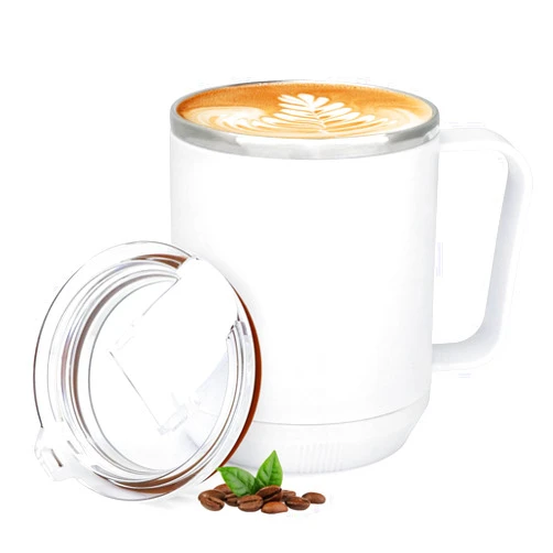 VOBAGA 15oz Stainless Steel Coffee Mug with Flat bottom and Handle, Work with Coffee Warmer for Rapid Heating Coffee, Tea and Milk Office Desk Accessories (White)