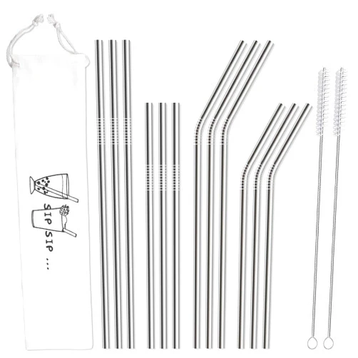 Hiware 12-Pack Reusable Stainless Steel Metal Straws with Case - Long Drinking Straws for 30 oz and 20 oz Tumblers Dishwasher Safe - 2 Cleaning Brushes Included