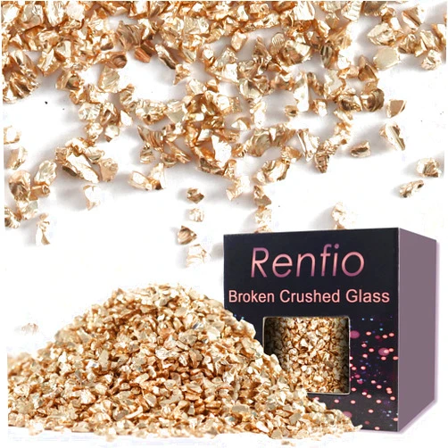 Renfio Broken Crushed Glass Glitter Shards Crush 2-4mm Irregular Small Chunky Chips 3.5 Oz (100g) High Luster Craft Sequins Gravel for DIY Phone Case Geode Resin Art Coasters Ornament - Champagne Gold