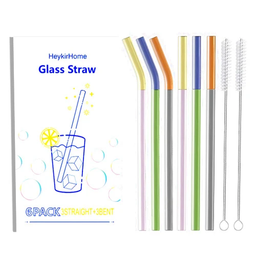 HeykirHome 6-Pack Reusable Glass Straw-Double Colors,Size 8.5''x10 MM,Including 3 Straight and 3 Bent with 2 Cleaning Brush- Perfect For Smoothies, Tea, Juice-(Double Colors)