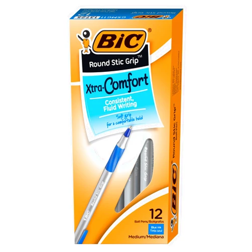 BIC Round Stic Grip Xtra Comfort Blue Ballpoint Pens, Medium Point (1.2mm), 12-Count Pack, Excellent Writing Pens With Soft Grip for Superb Comfort and Control