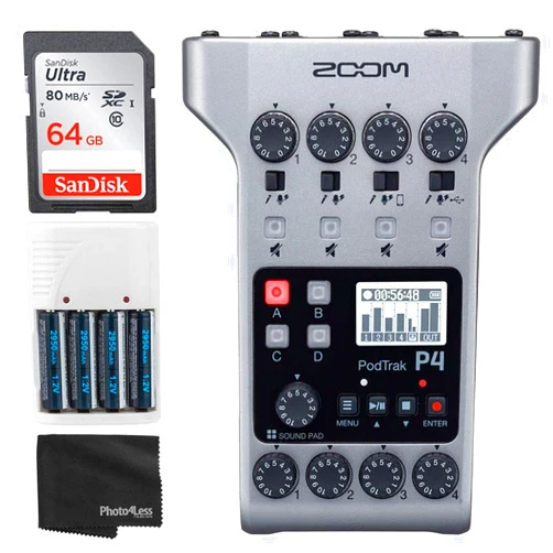 Zoom PodTrak P4 Portable Multitrack Podcast Recorder + 64GB Ultra SDXC Memory Card + 4X AA Batteries & Charger + Cleaning Cloth – Ultimate Podcasting Bundle