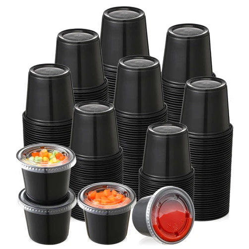 AOZITA 120-5.5 oz Black Portion Cups, Small Plastic Containers with Lids, Airtight and Stackable Souffle Cups, Salad Dressing Container, Sauce Cups, Condiment Cups for Lunch, Party to Go, Trips