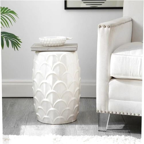 SAFAVIEH Home Collection Seina Coastal Scalloped Cream Ceramic 17-inch Decorative Accent Garden Stool for Living Room, Bathroom, Patio, Side Table, Plant Stand (Fully Assembled)
