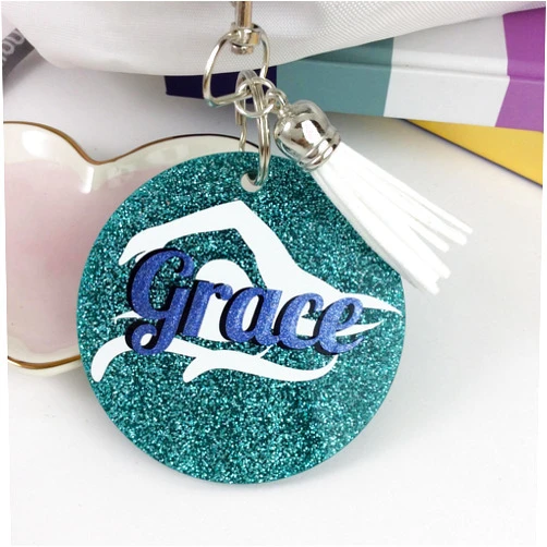 GemLights Gifts Swimmer Glitter Bag Tag, Personalized, Monogrammed with Your Name and Your Colors