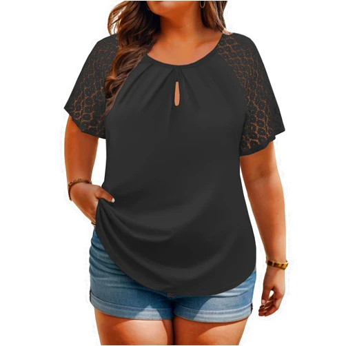 ROSRISS Plus-Size-Womens-Summer-Tops Lace Raglan Short Sleeve T Shirts Pleated Keyhole Crew Neck Blouses Trendy Tunics Tee