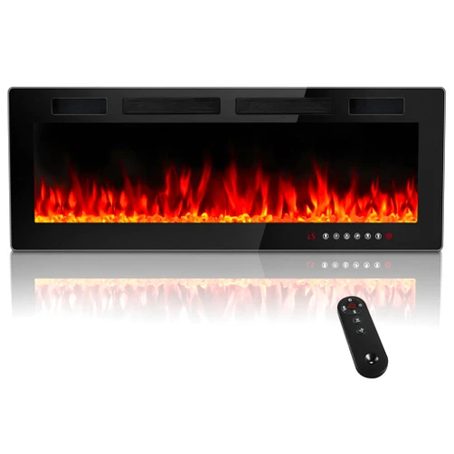 BOSSIN 50 inch Electric Fireplace Recessed and Wall Mounted, Ultra-Thin Silence Linear Electric Fireplace, 12 Adjustable Flame Color & Speed,750/1500W,Touch Screen Remote Control with 8h Timer