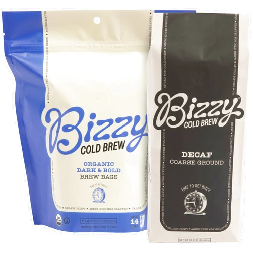 Bizzy Organic Cold Brew Coffee | Bundle | Coarse Ground Decaf 1 LB + Dark & Bold Brew Bag 4-count| 2 Pack
