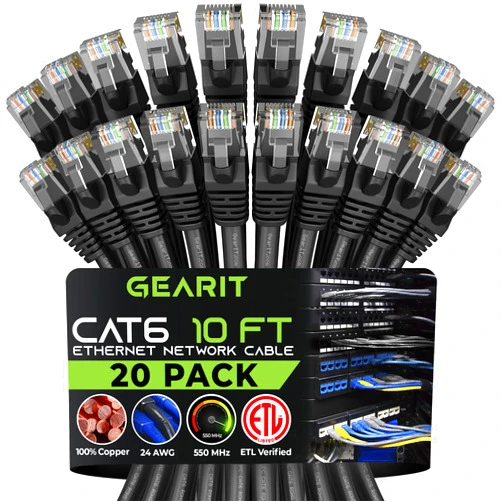 GearIT Cat 6 Ethernet Cable 10 ft (20-Pack) - Cat6 Patch Cable, Cat 6 Patch Cable, Cat6 Cable, Cat 6 Cable, Cat6 Ethernet Cable, Network Cable, Internet Cable - Black 10 Feet
