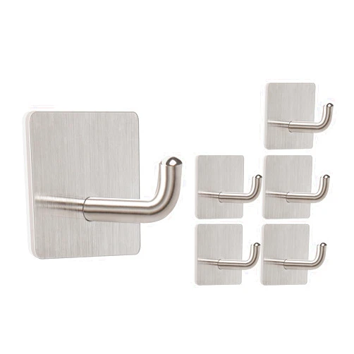 Livabber Adhesive Towel Hooks, 304 Stainless Steel Self Sticky Wall Hooks Waterproof Shower Hooks for Robe/Clothes, No Drilling Towel Hangers for Bathroom Kitchen Bedroom, 6 Packs（Brushed Nickel）
