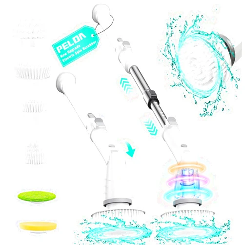 PELDA Electric Spin Scrubber, 11 in 1 Cleaning Brush with 6 Replaceable Brush Heads and Long Handle, Adjustable Angle, High Speed Shower Power Scrubber for Bathroom, Tub, Tile, Floor, Glass, Sink, Tires